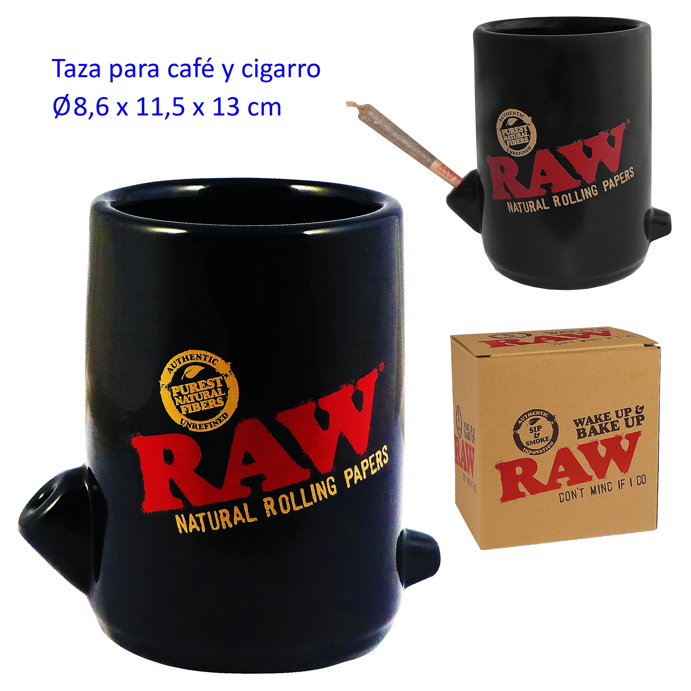 Taza negra RAW con logotipo rojo y salientes laterales, mostrada desde distintos ángulos, con un cigarro colocado y su caja de cartón.