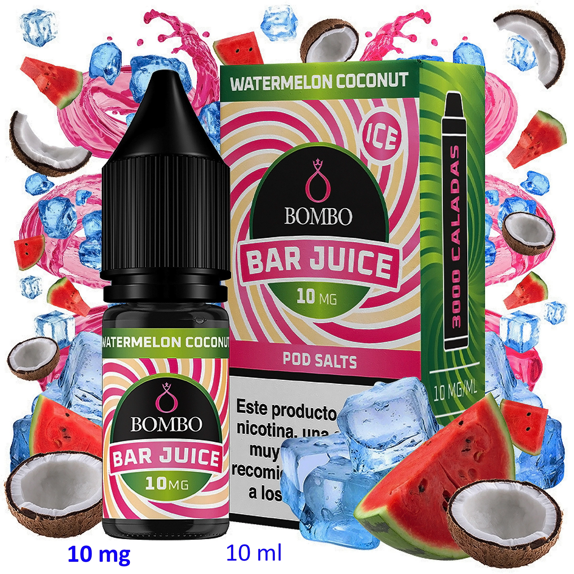 Frasco y caja de Bar Juice by Bombo Watermelon Coconut Ice, con etiquetas de 10 ml y 10 mg/ml, rodeados de sandía, coco y cubitos de hielo.