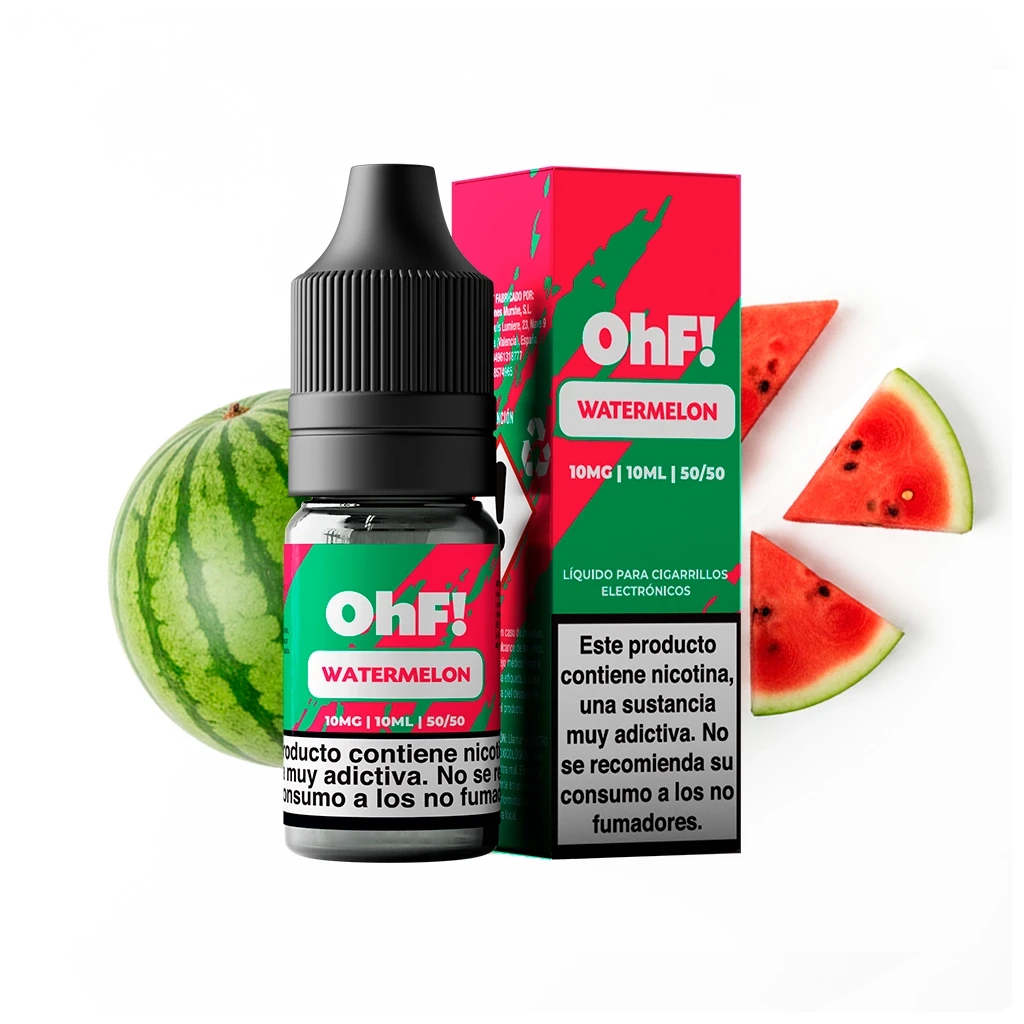 Frasco OhF! Watermelon con tapón negro junto a su caja roja y verde, con advertencia sobre nicotina y sandía entera y cortada alrededor.