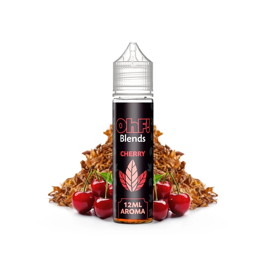 Frasco OhF! Blends Cherry Longfill con tapón transparente y etiqueta negra que indica 12 ml de aroma, rodeado de cerezas y hojas de tabaco.