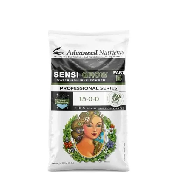 Bolsa blanca de Advanced Nutrients Sensi Grow Professional Series, parte B, con fórmula 15-0-0 y una mujer ilustrada entre hojas y flores.