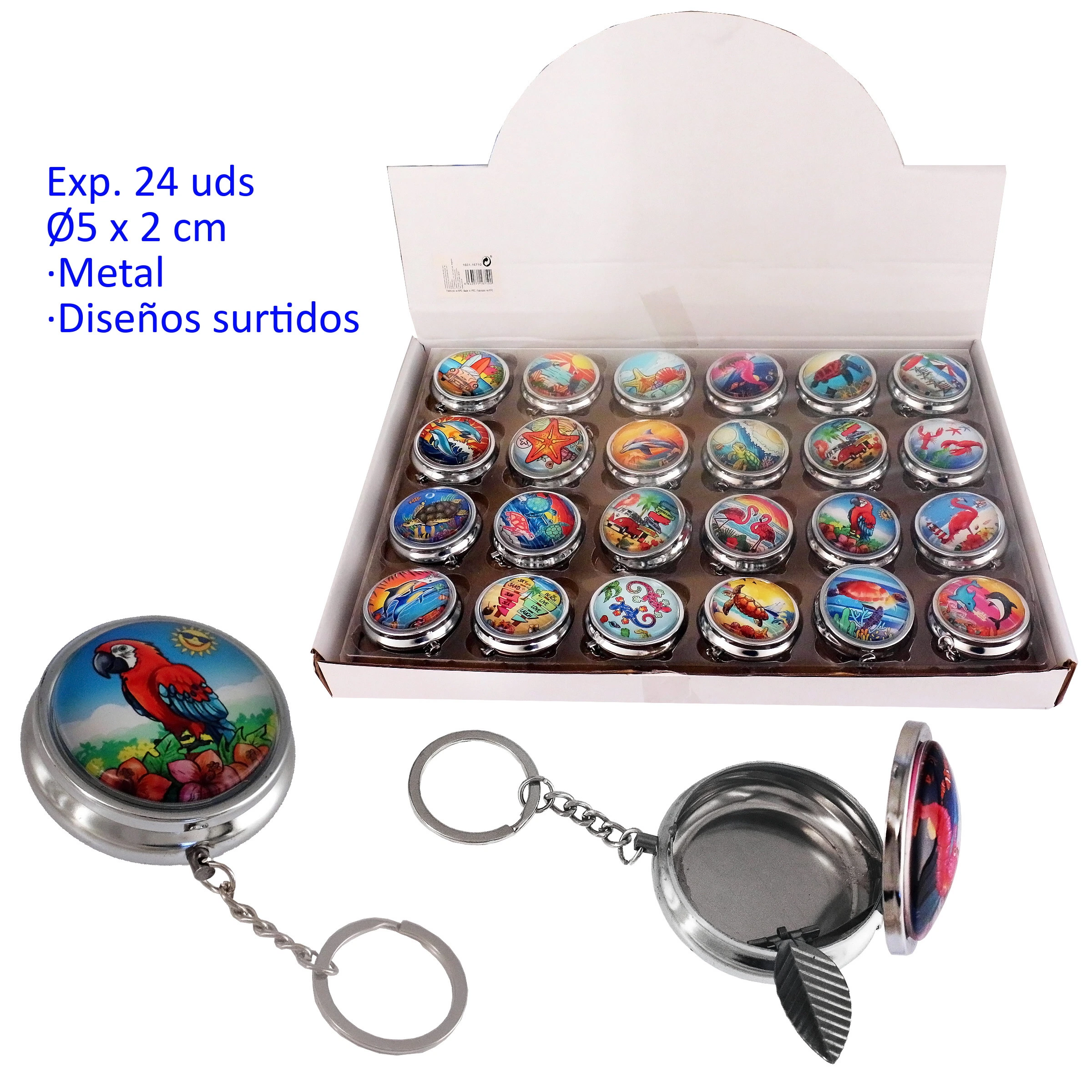 Expositor de ceniceros metálicos redondos con diseños multicolor y llavero, con detalles de uno cerrado y otro abierto.