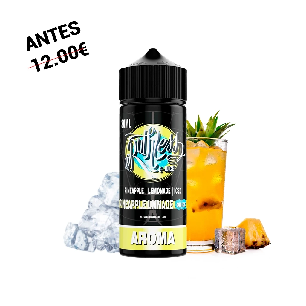 Bote de aroma Ruthless Pineapple Lmnade On Ice de 30 ml junto a un vaso con bebida amarilla, piña y cubitos de hielo.