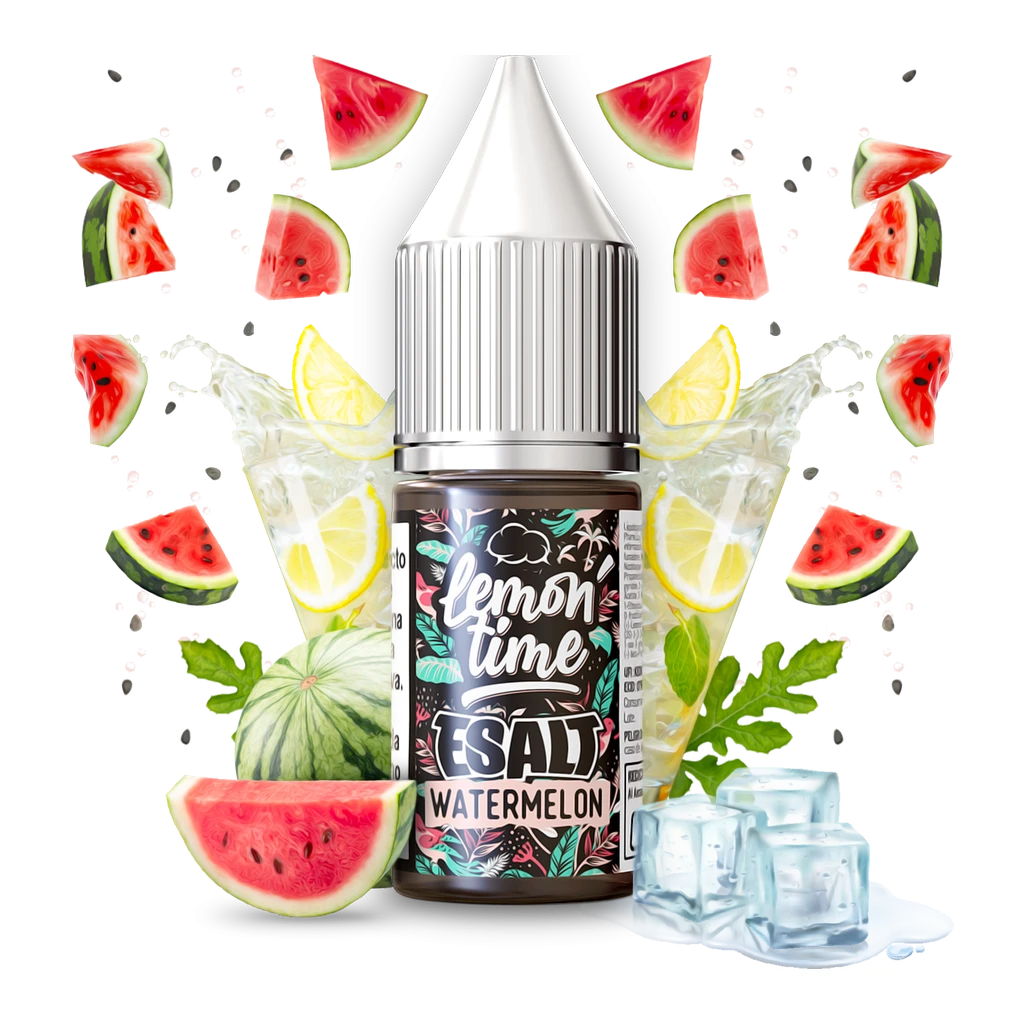 Frasco Lemon Time Watermelon E-Salt con tapón blanco, rodeado de sandía, vasos con limón y cubitos de hielo sobre fondo negro.