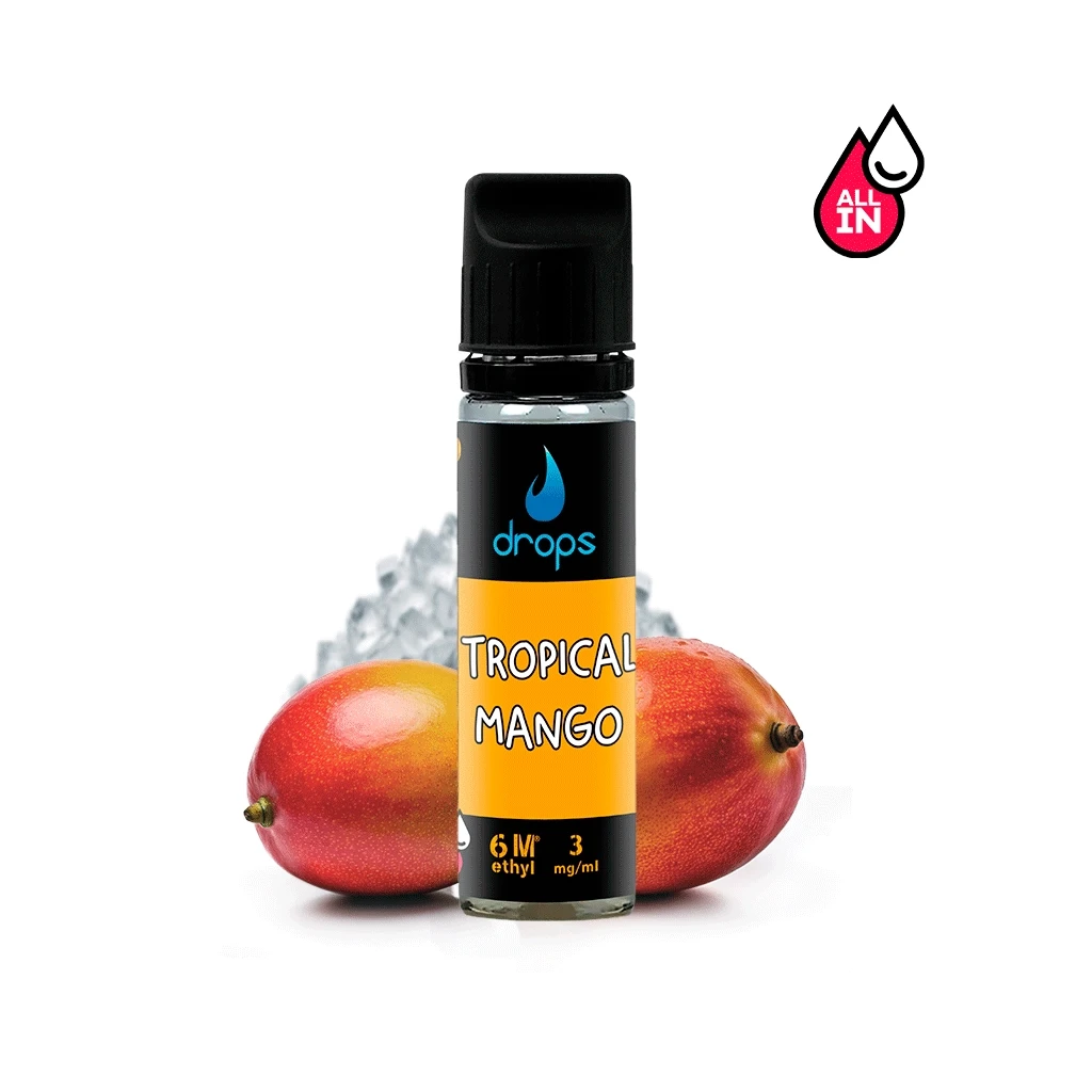 Frasco Drops Tropical Mango con tapón negro y etiqueta naranja, acompañado de mangos y hielo; símbolo All In en la parte superior.