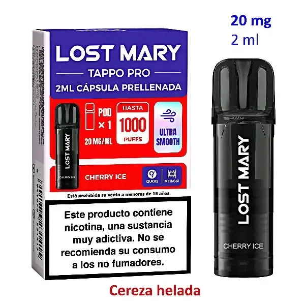 Pod negro Lost Mary TAPPO PRO Cherry Ice junto a su caja, con indicaciones de 2 ml y 20 mg/ml y advertencia sobre la nicotina.
