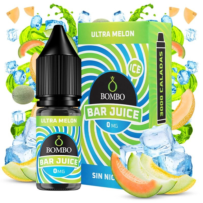 Frasco y caja de Bar Juice by Bombo Ultra Melon Ice, con etiqueta de 0 mg, rodeados de rodajas de melón y cubitos de hielo.