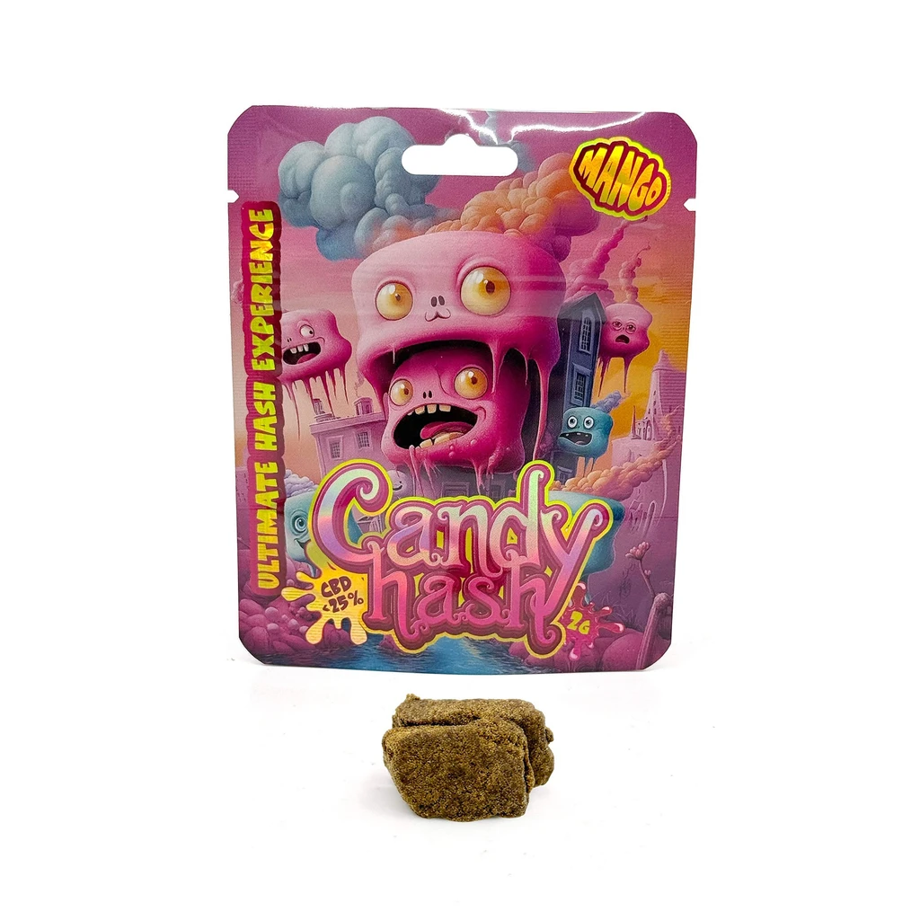 Envase rosa de Candy Hash Mango Ice con personajes ilustrados y texto de 2 g, acompañado de bloques marrones sobre fondo blanco.