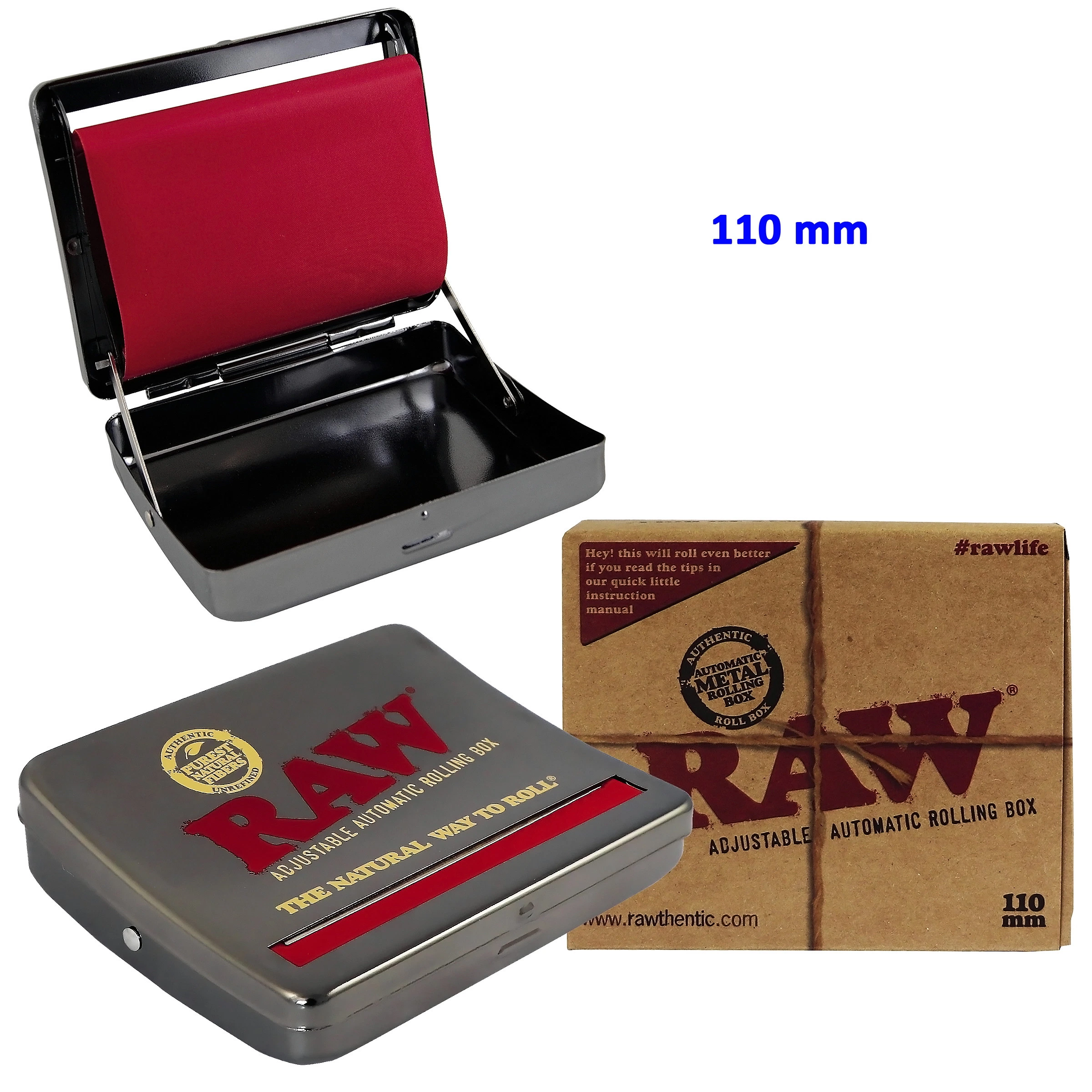 Máquina de liar RAW de 110 mm mostrada abierta, con banda roja e interior negro, y cerrada junto a su caja de cartón.