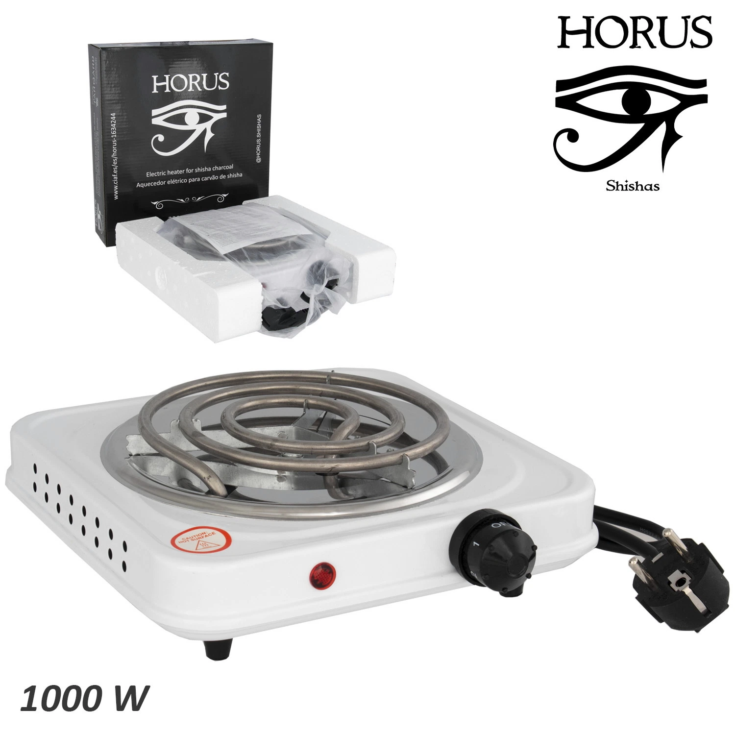 Calentador eléctrico HORUS para shishas con resistencia en espiral, mando negro y enchufe, junto a su embalaje; indica 1000 W.