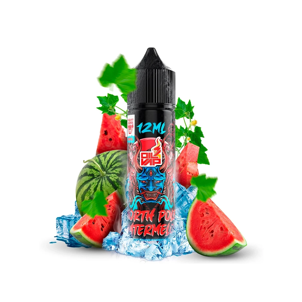 Frasco Oil4vap Kabuki North Pole Watermelon de 12 ml, con tapón negro y máscara ilustrada, rodeado de sandía y cubitos de hielo.