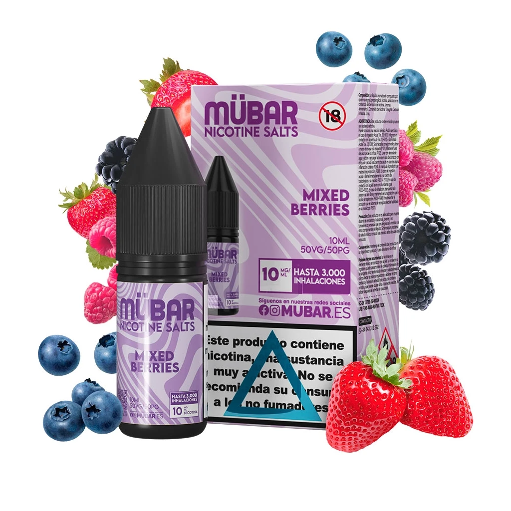 Frasco y caja lila de Mübar Nicotine Salts Mixed Berries, con indicaciones de 10 ml y 10 mg/ml, rodeados de frutos rojos y arándanos.