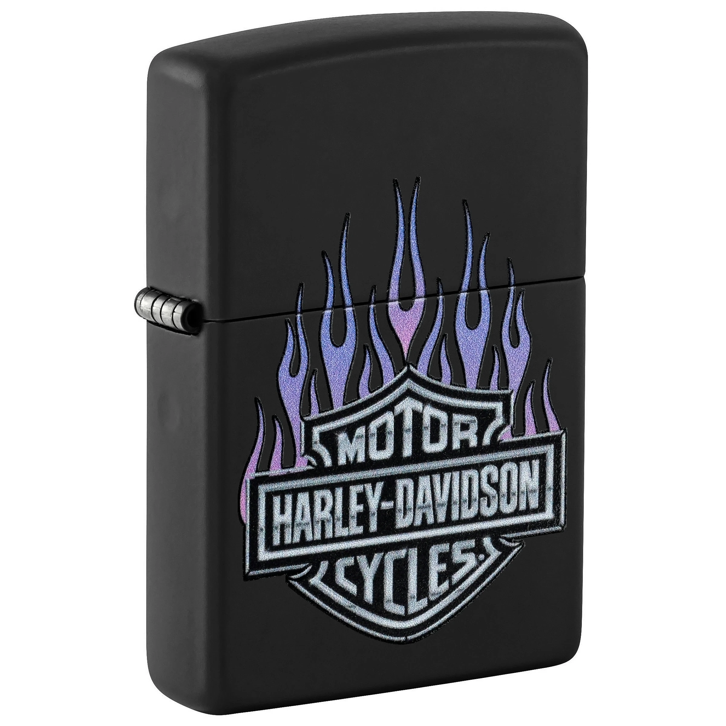Encendedor Zippo negro mate, cerrado y en perspectiva, con el emblema Harley-Davidson y llamas violetas en el frontal.