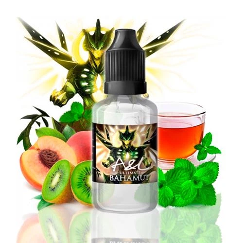 Frasco de A&L Ultimate Bahamut con tapón negro, junto a melocotón, kiwi, menta y un vaso de líquido rojizo, con un dragón detrás.