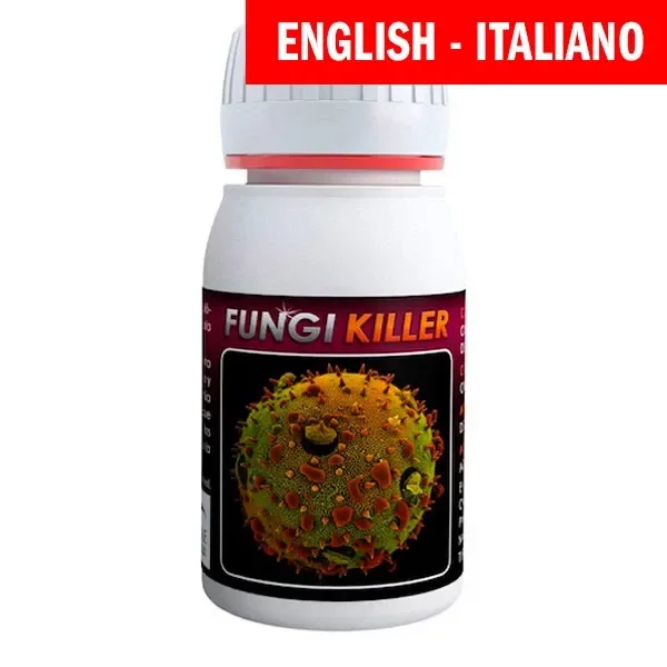 Bote blanco de Fungi Killer con una esfera ilustrada en la etiqueta y una franja roja superior que indica «English - Italiano». Bote blanco de Fungi Killer con una esfera ilustrada en la etiqueta y una franja roja superior que indica «English - Italiano».