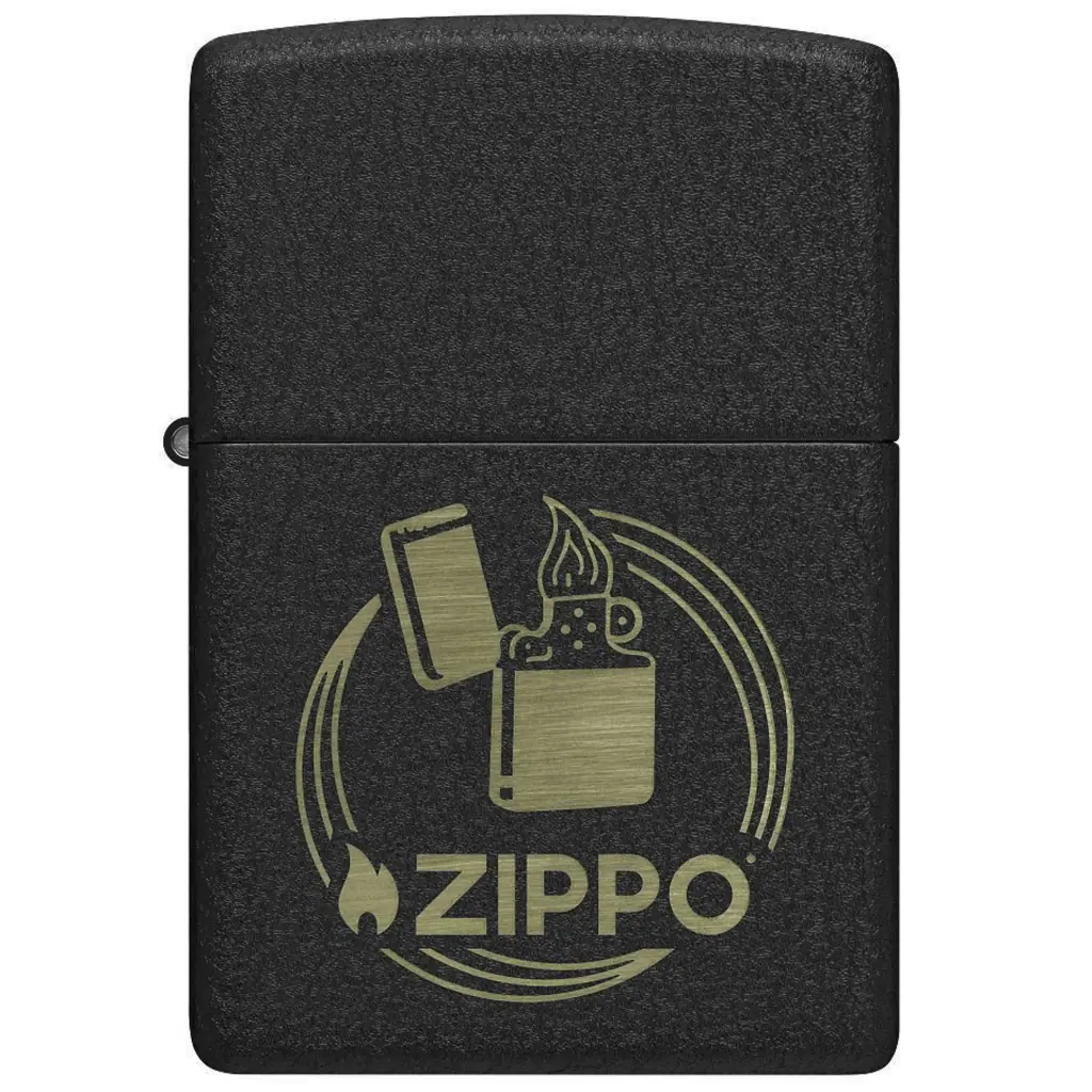 Encendedor Zippo negro de textura moteada con un dibujo dorado de un encendedor abierto, una llama y el nombre Zippo.
