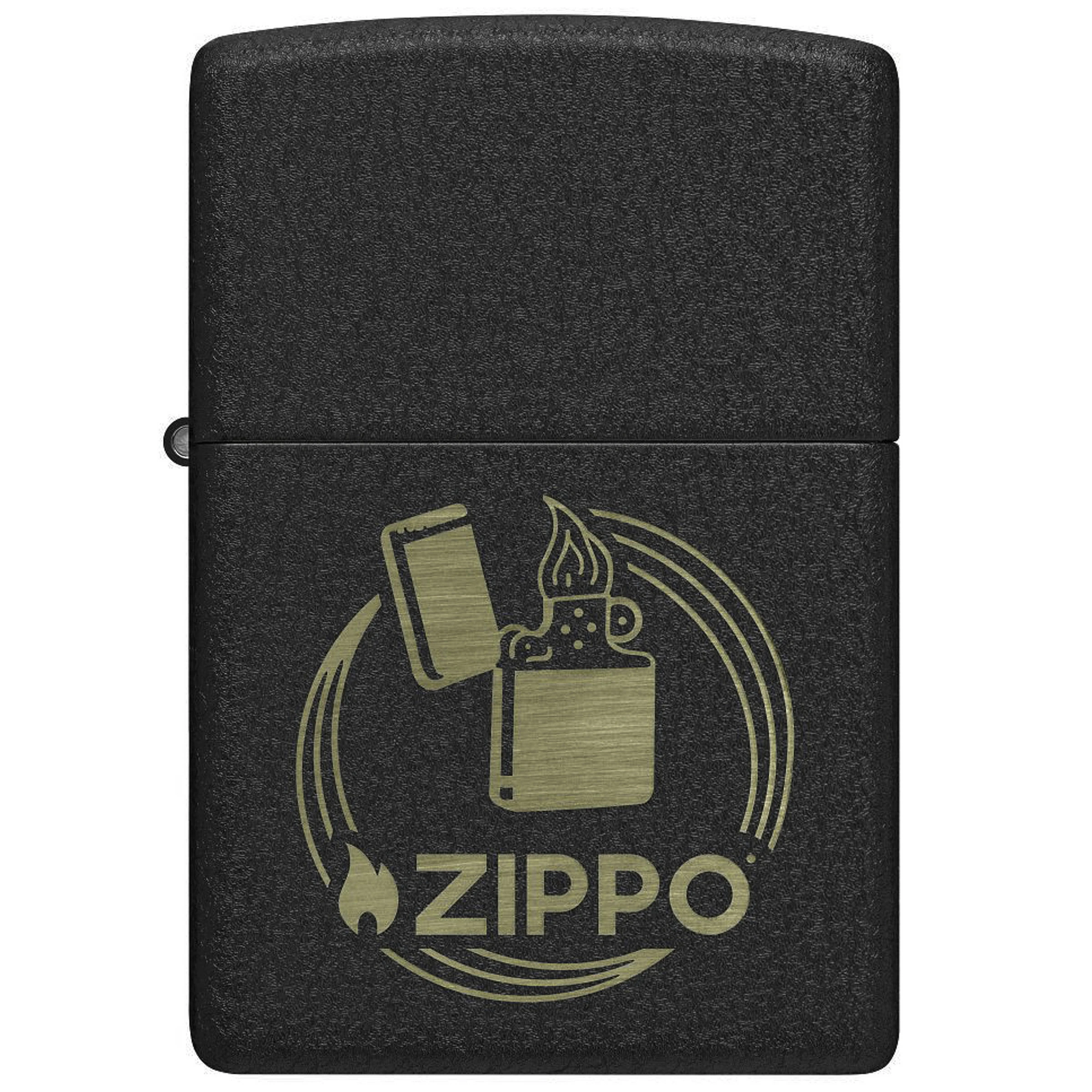 Encendedor Zippo negro de textura moteada con un dibujo dorado de un encendedor abierto, una llama y el nombre Zippo.