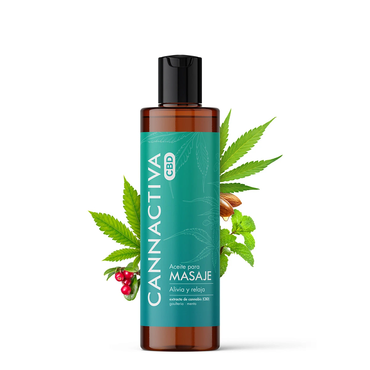 Botella de aceite de masaje CBD Cannactiva con etiqueta turquesa y tapón negro, rodeada de hojas verdes y frutos sobre fondo blanco.