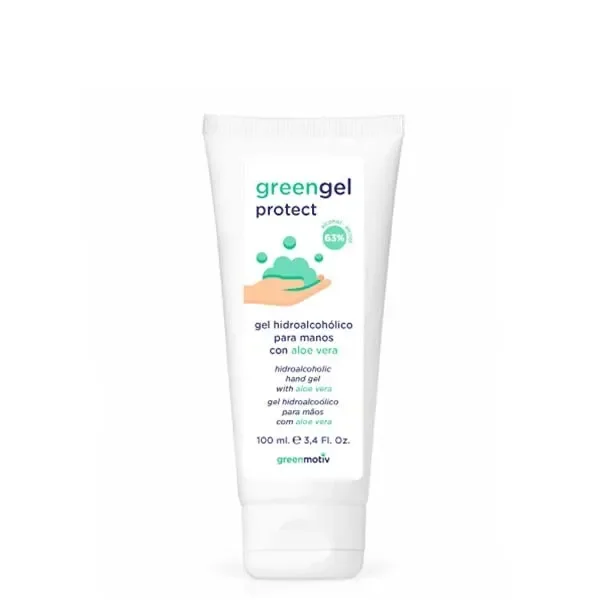 Tubo blanco de Greengel Protect de Greenmotiv, de 100 ml, con etiqueta de gel hidroalcohólico con aloe vera sobre fondo blanco. Tubo blanco de Greengel Protect de Greenmotiv, de 100 ml, con etiqueta de gel hidroalcohólico con aloe vera sobre fondo blanco.