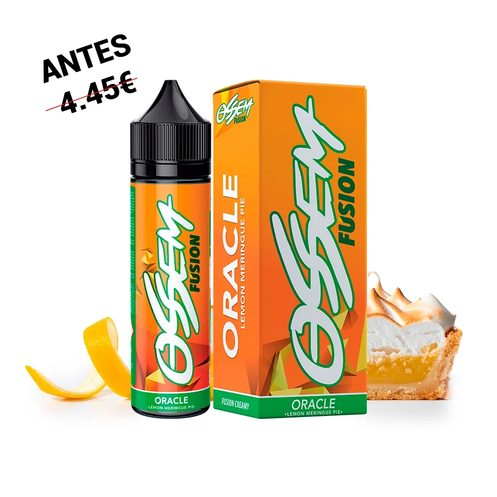 Ossem Oracle Lemon Meringue Pie en botella con tapón negro y caja naranja, junto a una piel de limón y una porción de tarta de merengue.