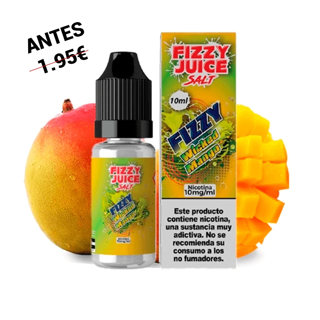 Frasco y caja de Fizzy Juice Salts Wicked Mango, con etiquetas de 10 ml y nicotina de 10 mg/ml, junto a un mango entero y otro cortado.