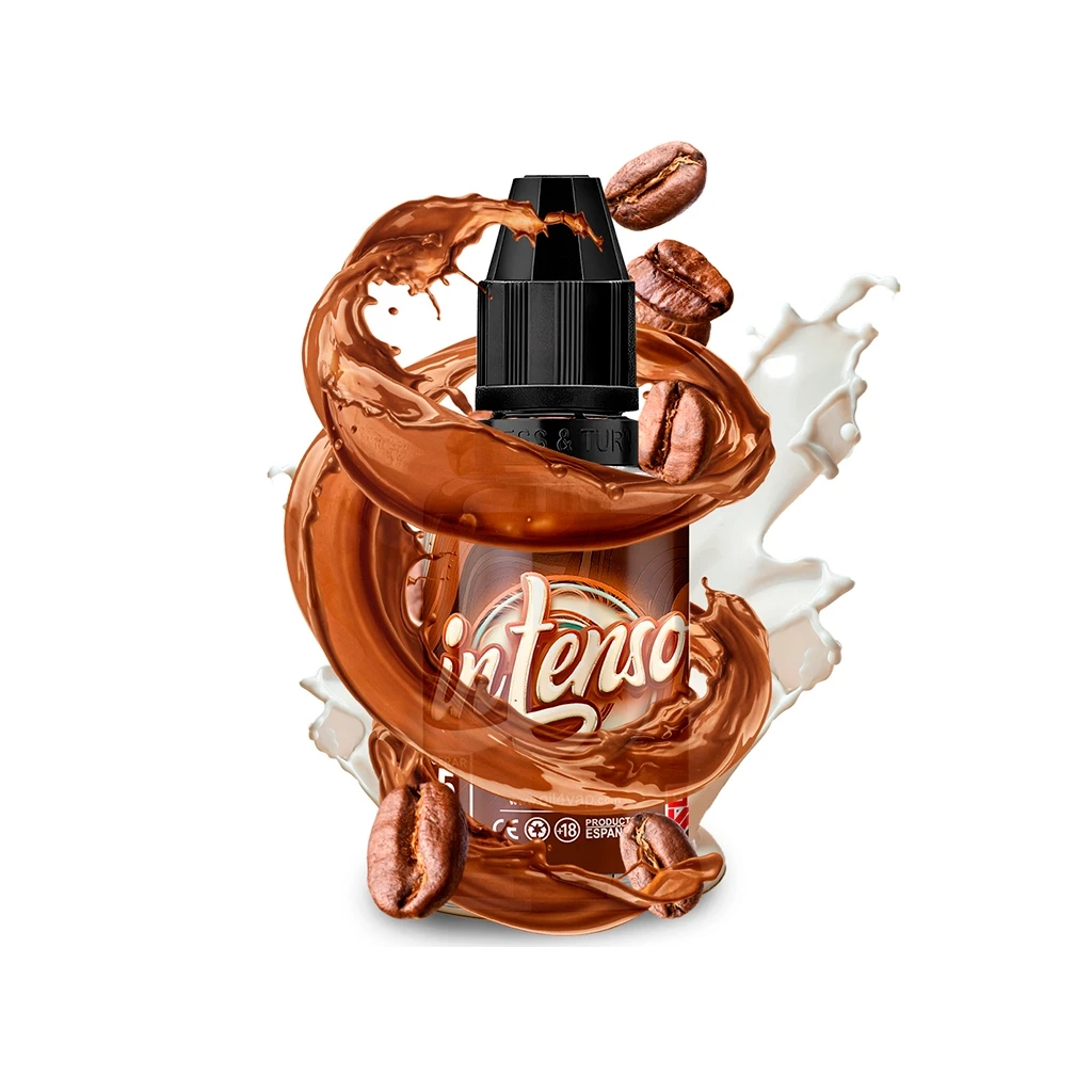 Frasco Intenso de tapón negro, rodeado de granos de café y salpicaduras marrones y blancas en una composición sobre fondo blanco.