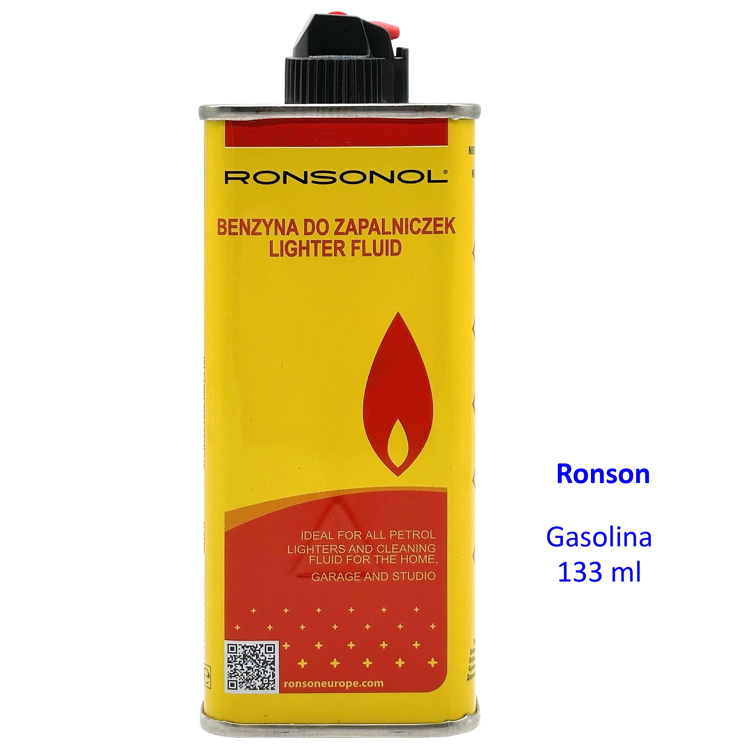 Lata amarilla de gasolina Ronsonol con tapón negro, símbolo rojo de llama y texto lateral «Ronson Gasolina 133 ml».