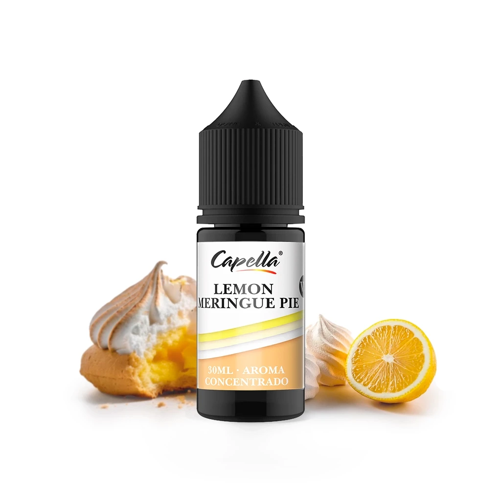 Frasco Capella Lemon Meringue Pie con tapón negro, acompañado de una porción de tarta, merengue y medio limón.