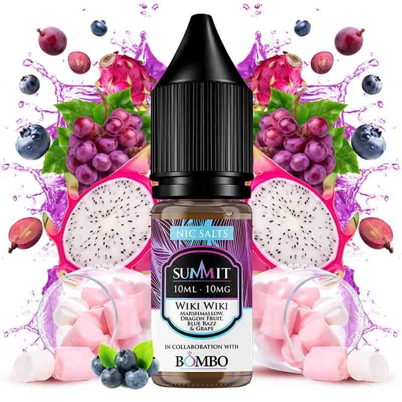 Frasco Wiki Wiki de Summit y Bombo con etiqueta «10ML · 10MG», rodeado de uvas, arándanos, pitahaya y nubes rosas y blancas.