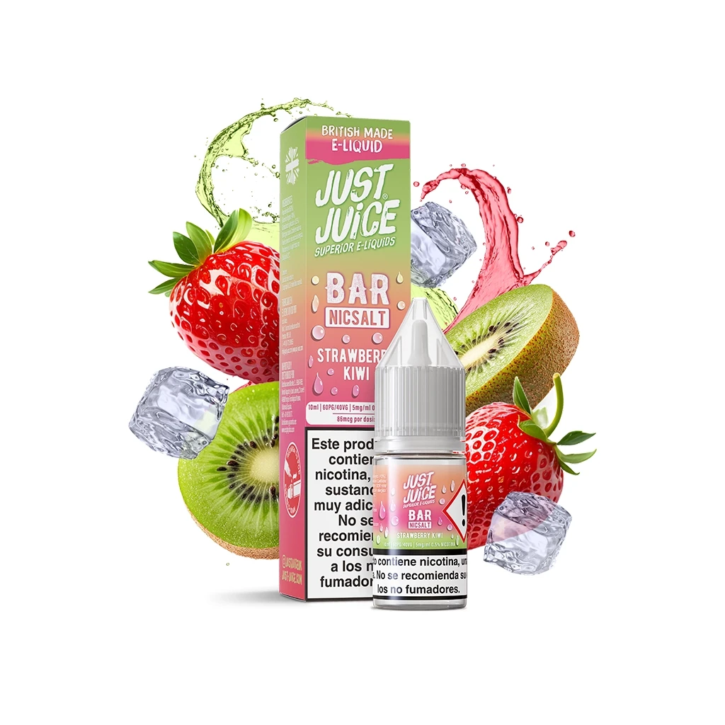 Frasco y caja de Just Juice Bar Salts Strawberry Kiwi, rodeados de fresas, kiwi, cubitos de hielo y salpicaduras rosas y verdes.