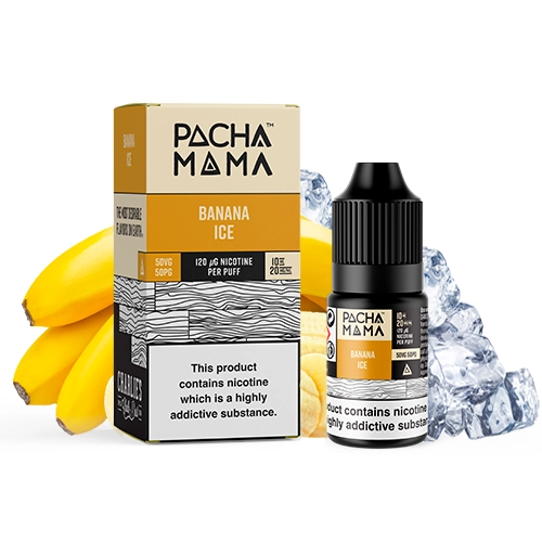 Caja y frasco de Pachamama Bar Salts Banana Ice con tapón negro, junto a plátanos y cubitos de hielo sobre fondo blanco.