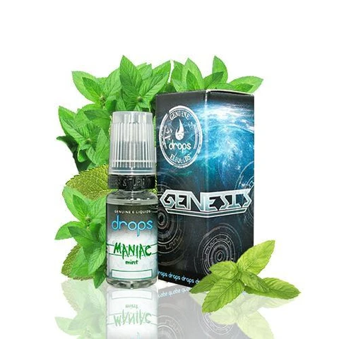 Frasco Drops Maniac Mint con tapón translúcido junto a su caja Genesis azul y negra, rodeados de hojas de menta.