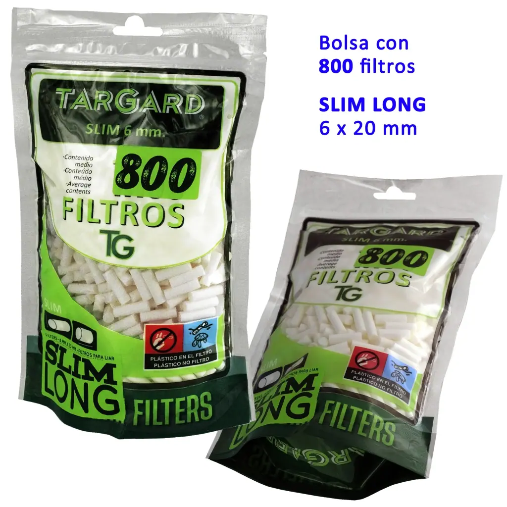 Bolsa de filtros blancos Tar Gard Slim Long mostrada de frente y en ángulo, con diseño verde y negro y la indicación de 800 filtros.