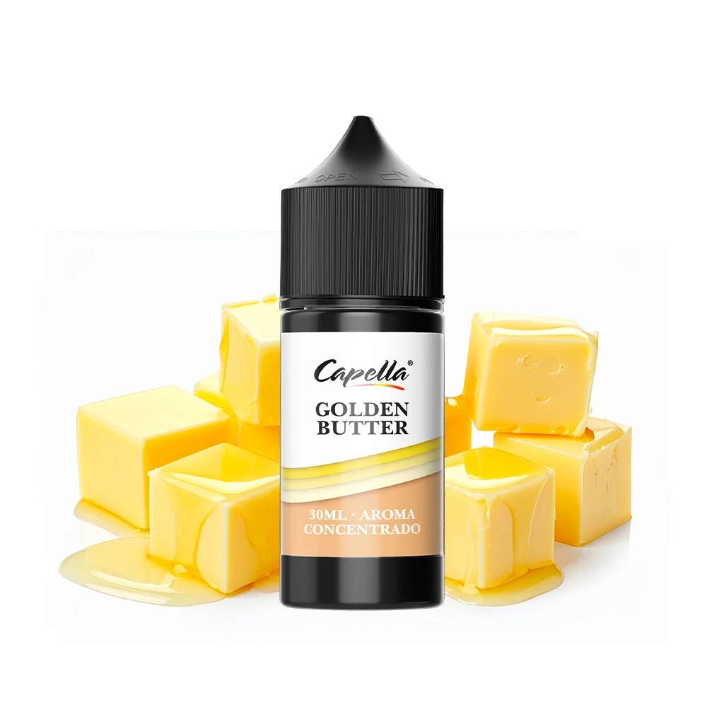Frasco de aroma Capella Golden Butter de 30 ml con tapón negro, rodeado de bloques amarillos de mantequilla sobre fondo blanco.