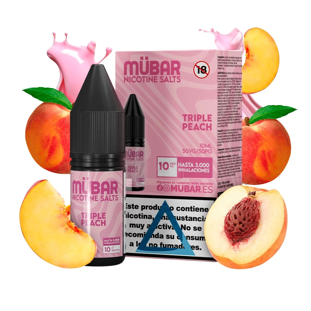 Frasco Mübar Salts Triple Peach y caja rosa con indicación de 10 mg/ml, rodeados de melocotones enteros y cortados y salpicaduras rosas.