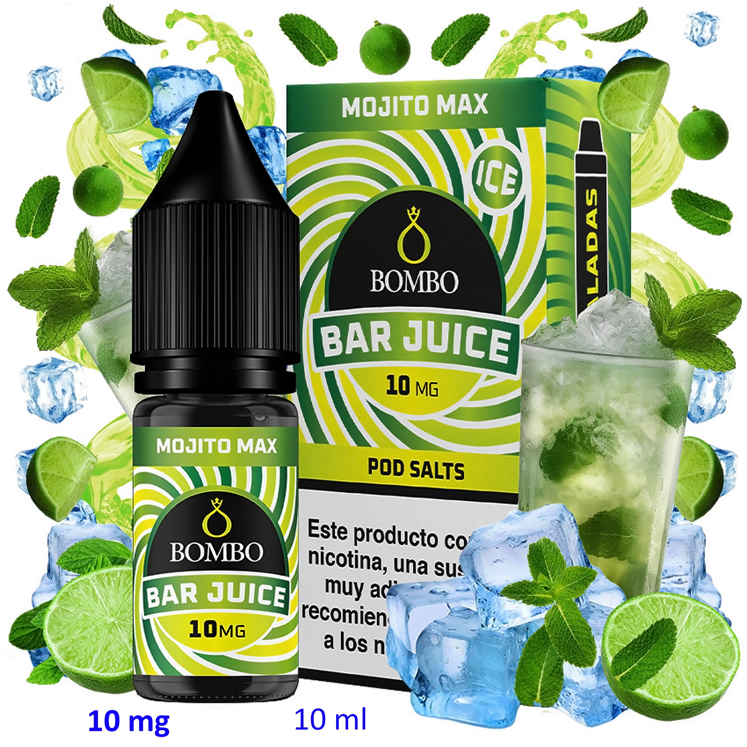 Frasco y caja de Mojito Max Ice Bar Juice by Bombo, rotulados 10 mg y 10 ml, rodeados de limas, menta y cubitos de hielo.