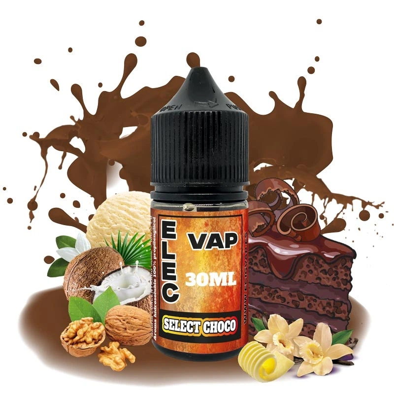 Frasco de aroma Elecvap Select Choco de 30 ml con tapón negro, rodeado de ilustraciones de chocolate, coco, nueces y vainilla.