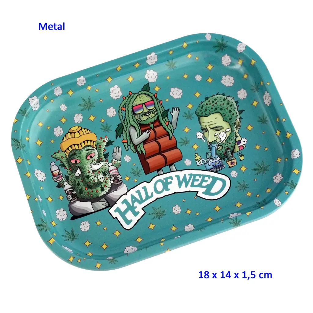 Bandeja turquesa Hall of Weed de 18 × 14 cm, con personajes de cannabis caricaturizados, hojas, estrellas y bordes elevados.