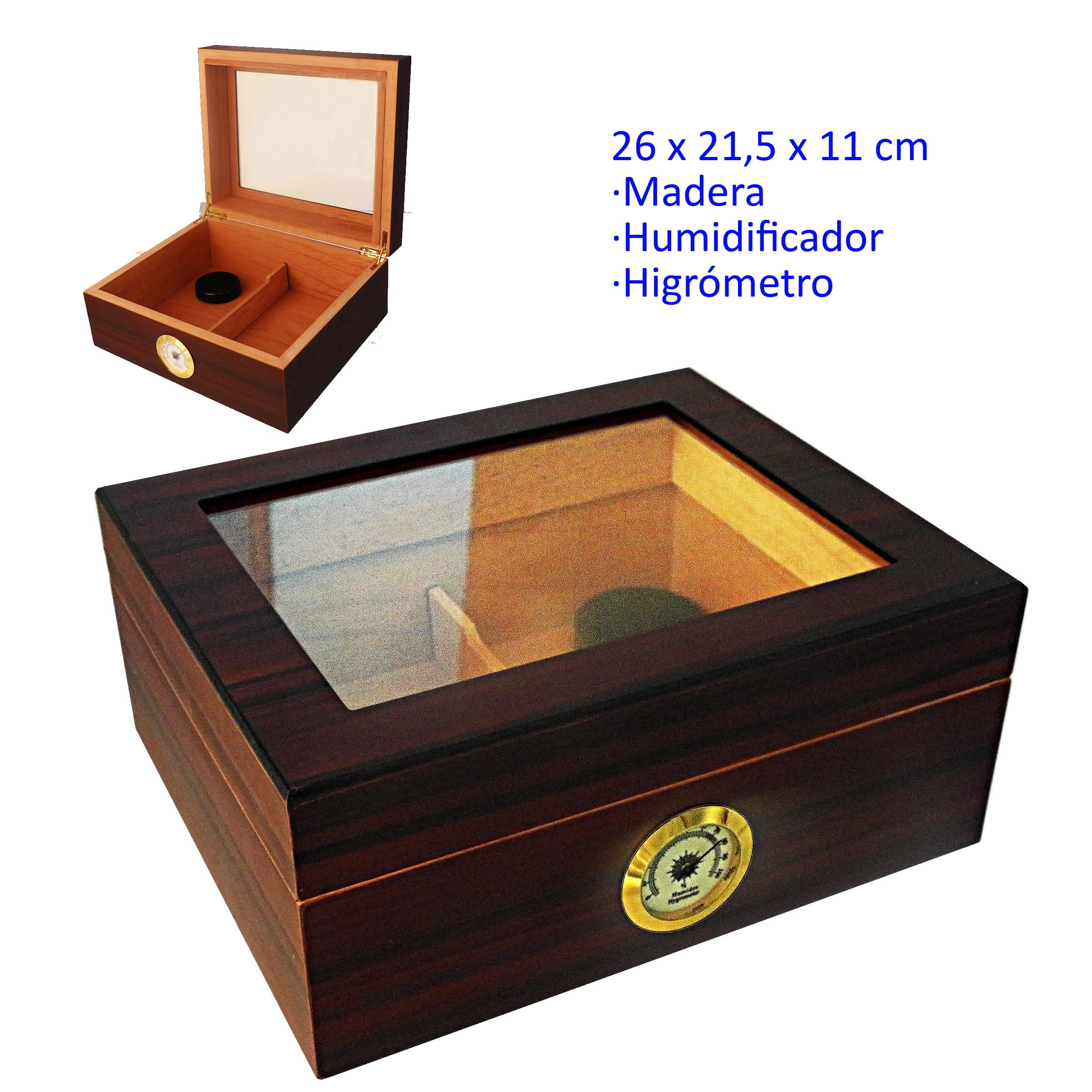 Humidor de madera marrón con ventana en la tapa e higrómetro circular frontal, mostrado cerrado y abierto con divisor y humidificador interiores. Humidor de madera marrón con ventana en la tapa e higrómetro circular frontal, mostrado cerrado y abierto con divisor y humidificador interiores.