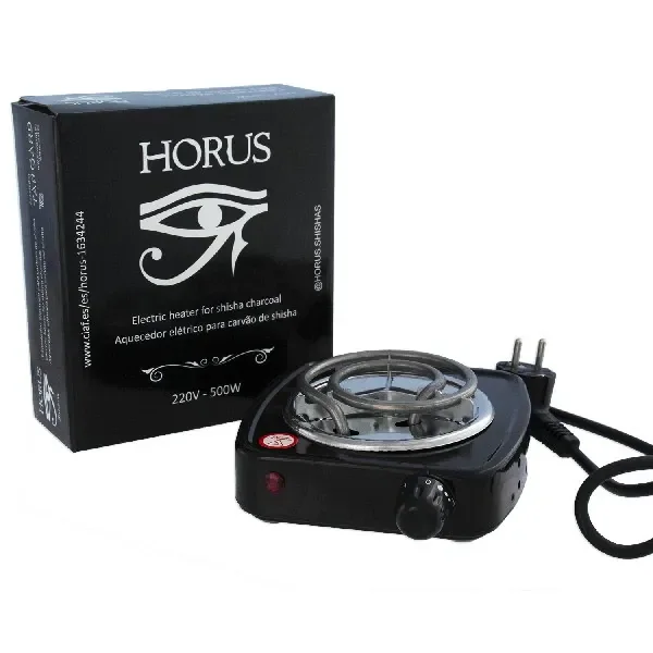 Calentador eléctrico HORUS negro con resistencia circular, mando y cable con enchufe, junto a su caja rotulada 220 V y 500 W.