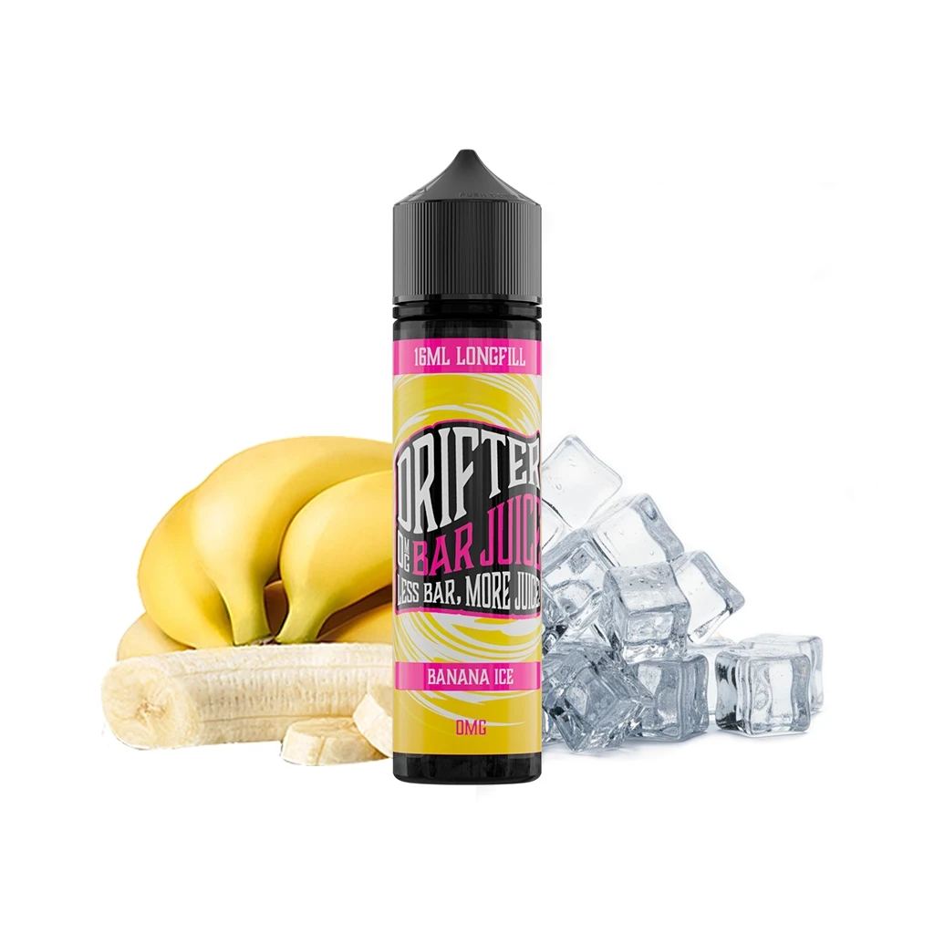 Botella Drifter Bar Banana Ice Longfill con etiqueta amarilla y rosa de 16 ml y 0 mg, acompañada de plátanos y cubitos de hielo.