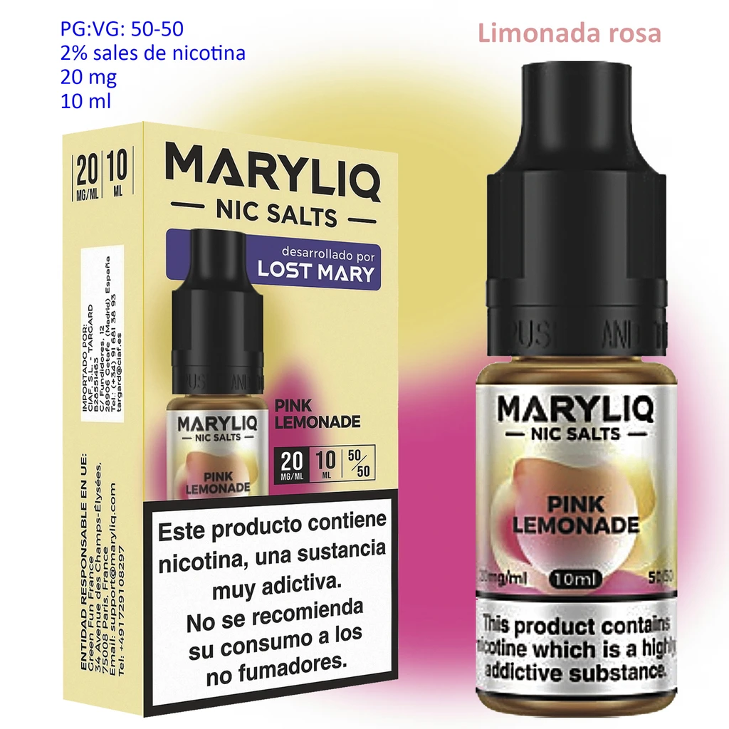 Frasco y caja MARYLIQ Pink Lemonade con etiqueta de 20 mg/ml y 10 ml, diseño amarillo y rosa y advertencia sobre la nicotina.