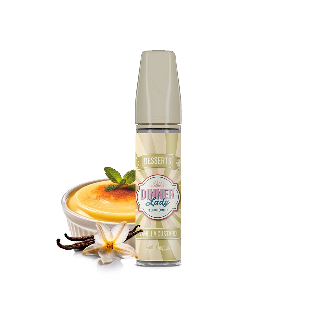 Frasco Dinner Lady Vanilla Custard con tapón beige, junto a un cuenco de crema, vainas y una flor de vainilla sobre fondo blanco.