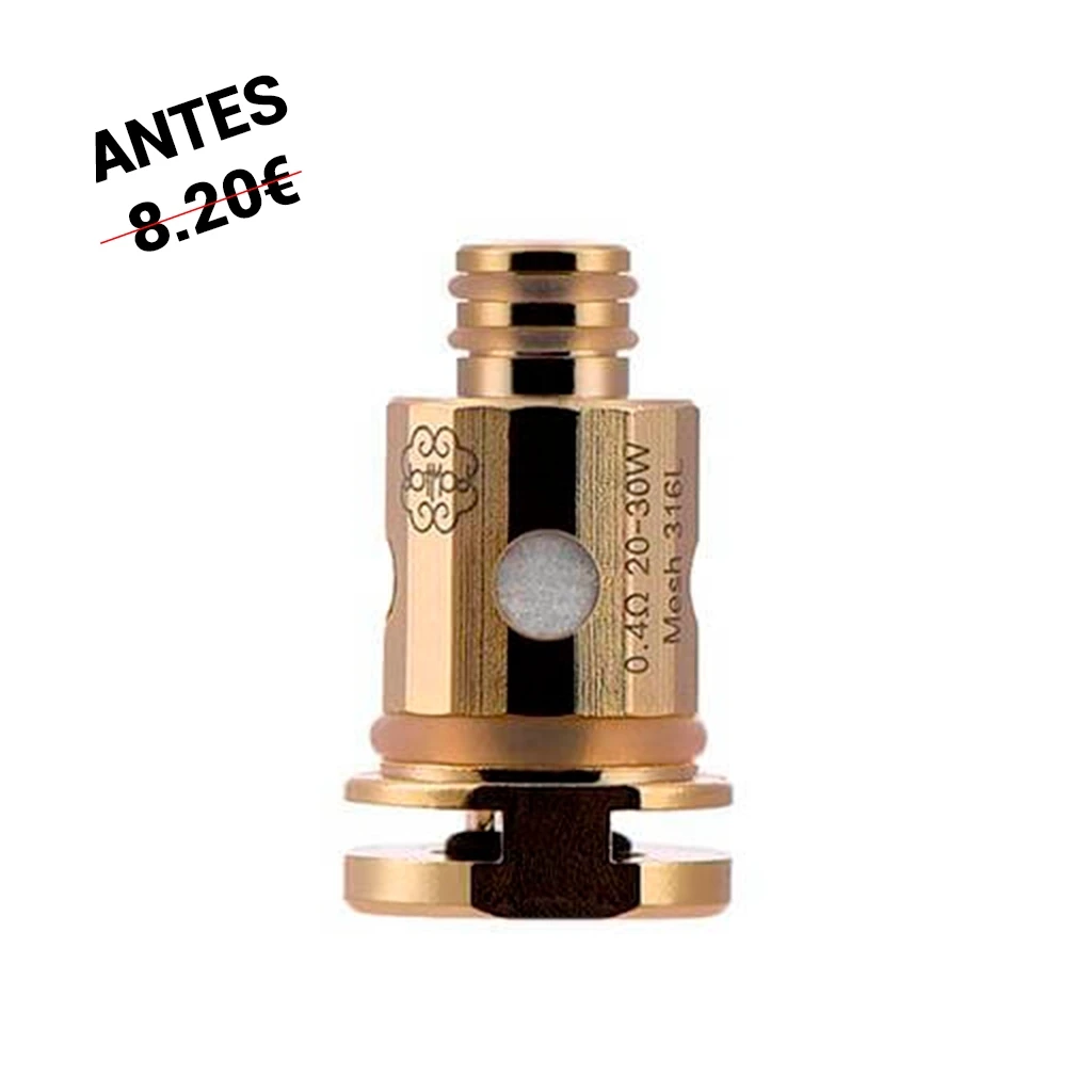 Resistencia DotStick Coil de Dotmod dorada, con juntas y abertura lateral circular; lleva grabado 0,4 Ω, 20–30 W y Mesh 316L.