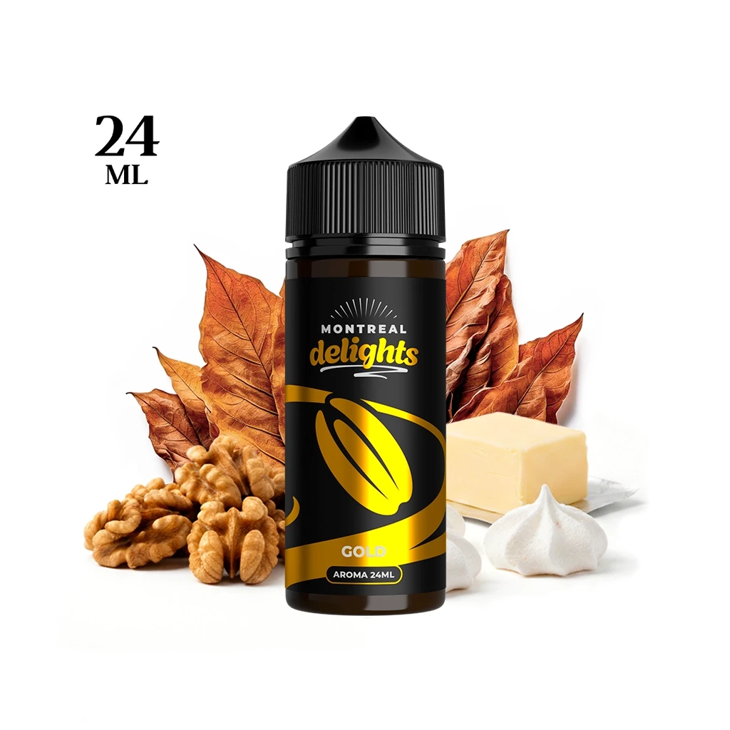 Frasco negro Montreal Delights Gold de 24 ml, con etiqueta dorada, rodeado de hojas secas, nueces, mantequilla y merengues.