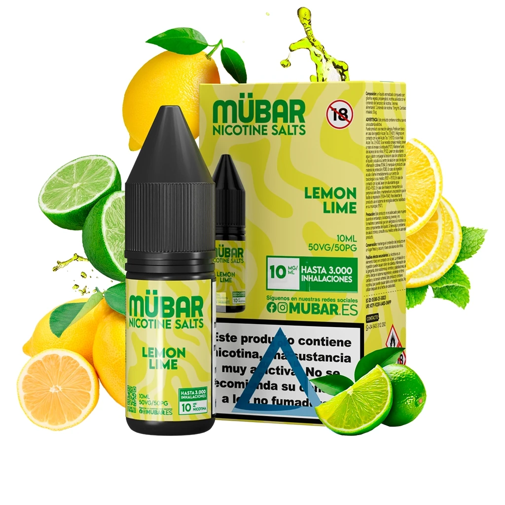 Frasco y caja amarillos de Mübar Salts Lemon Lime, con tapón negro, rodeados de limones y limas enteros y cortados.
