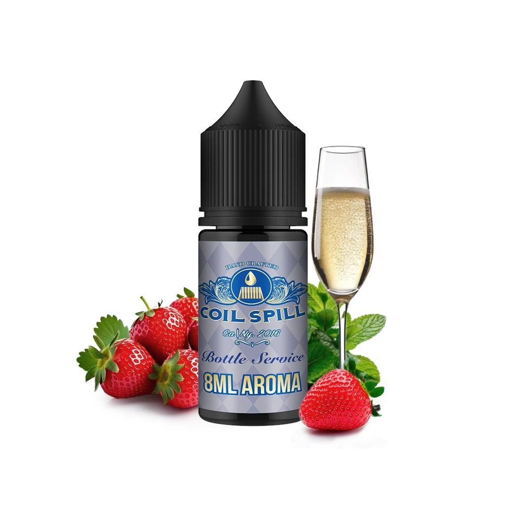 Frasco Coil Spill Bottle Service de 8 ml con tapón negro, rodeado de fresas y una copa con bebida dorada y burbujas.