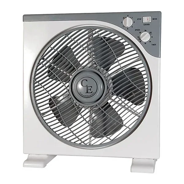 Ventilador de suelo Cornwall con carcasa cuadrada clara, rejilla circular, aspas oscuras y mandos en la esquina superior derecha.