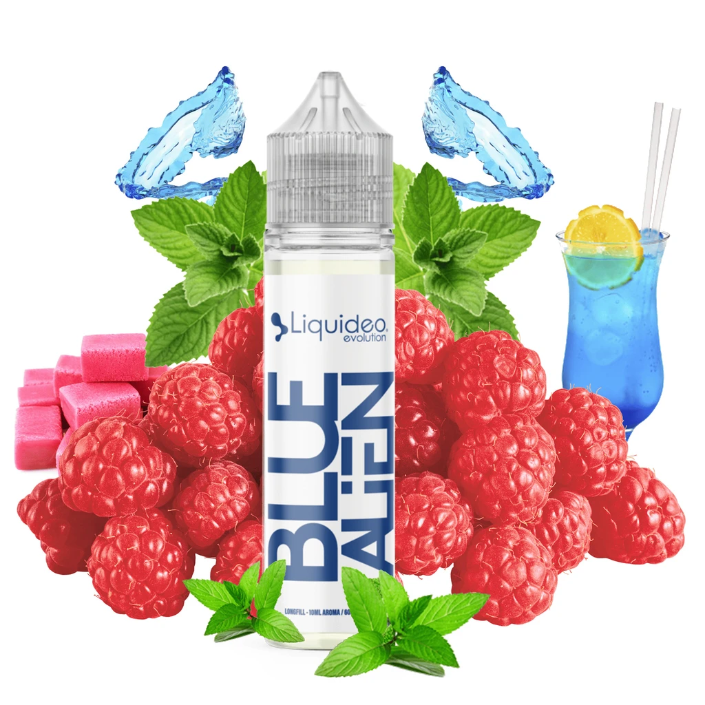 Frasco Blue Alien de Liquideo rodeado de frambuesas, hojas verdes, cubos rosas y salpicaduras azules, junto a una bebida azul.