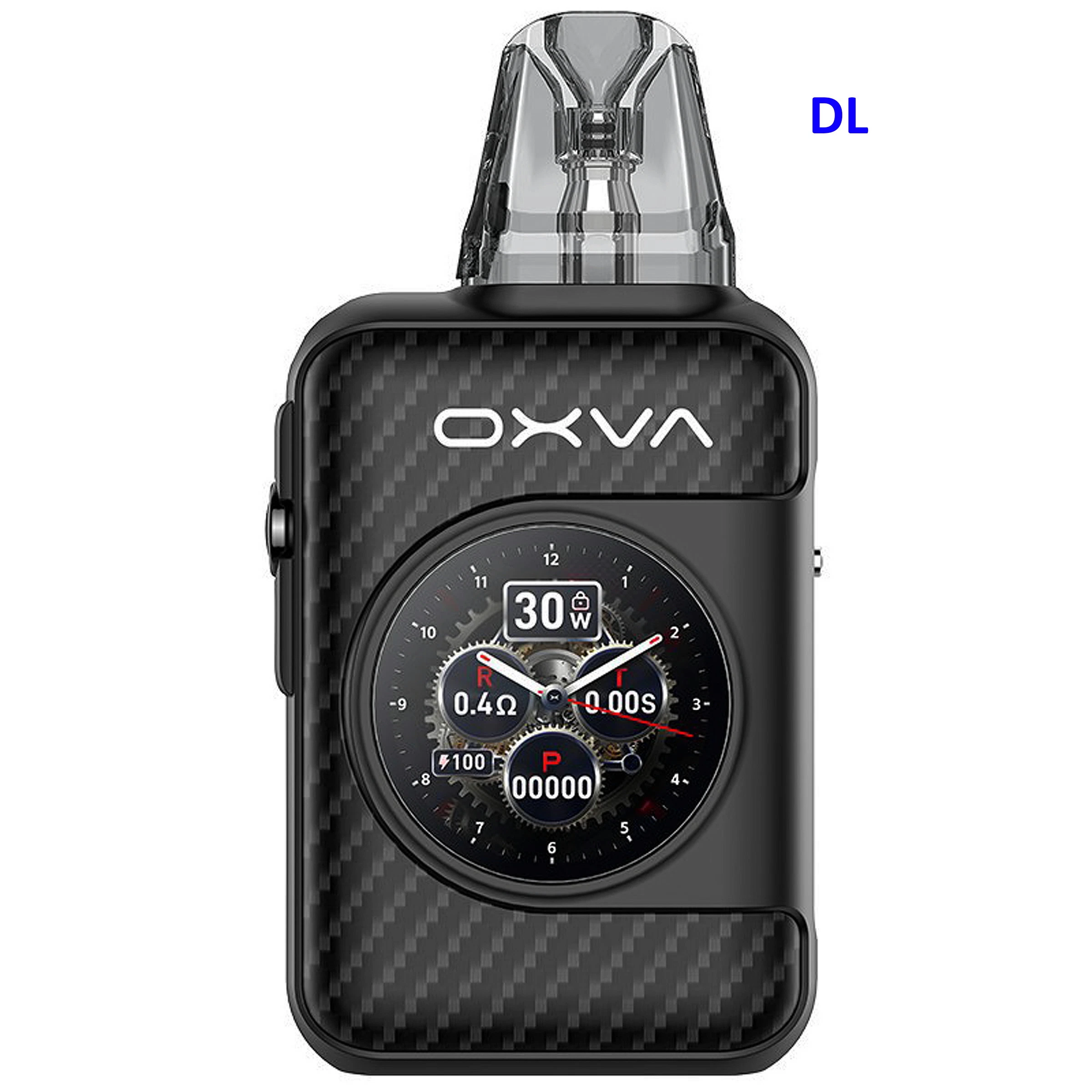 Pod Oxva Xlim SQ Pro 2 Black Carbon de frente, con acabado negro de trama cuadriculada, boquilla translúcida y pantalla circular que marca 30 W.